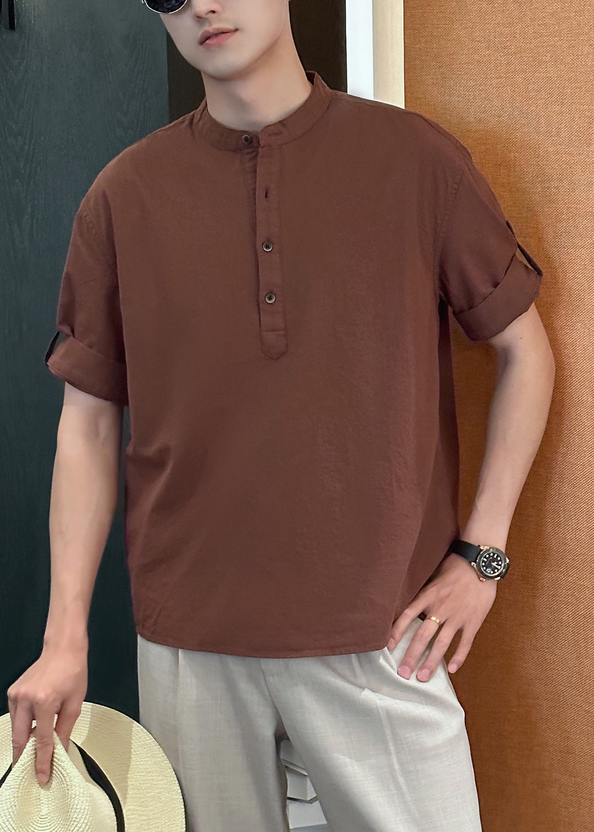 Coffee Button Cotton Summer Shirts Stand Collar