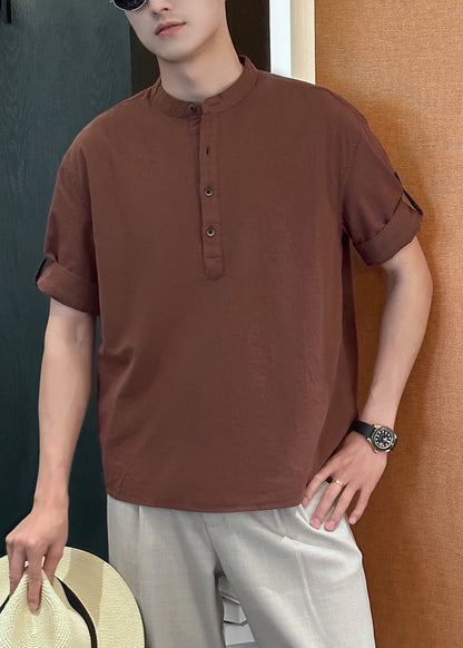 Coffee Button Cotton Summer Shirts Stand Collar