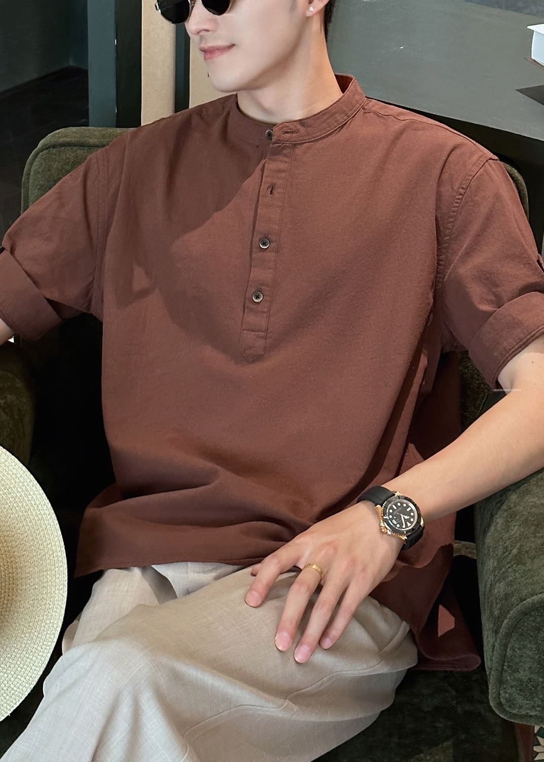 Coffee Button Cotton Summer Shirts Stand Collar