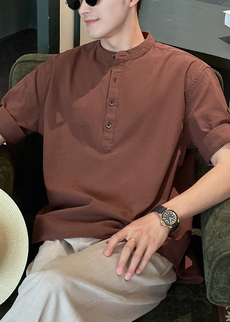 Coffee Button Cotton Summer Shirts Stand Collar