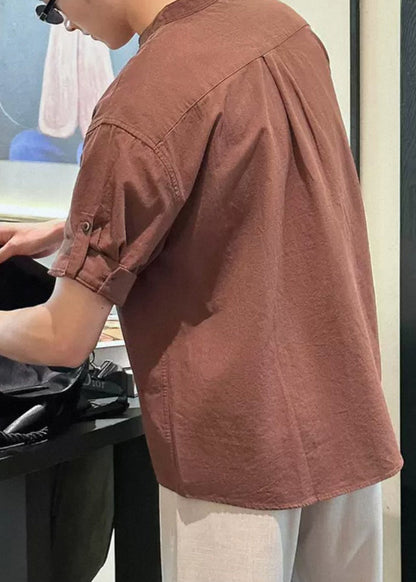 Coffee Button Cotton Summer Shirts Stand Collar