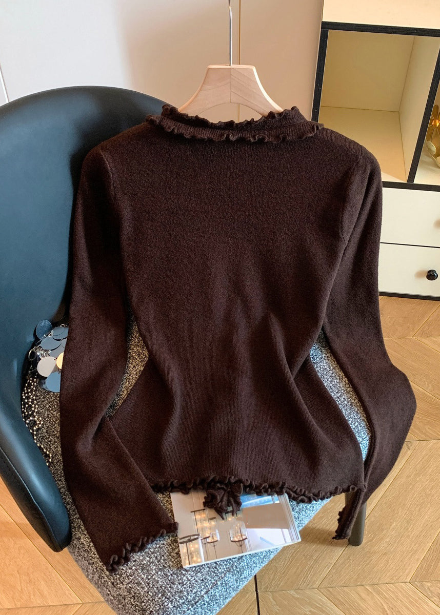 Coffee Button Knit Fall Sweater Ruffled