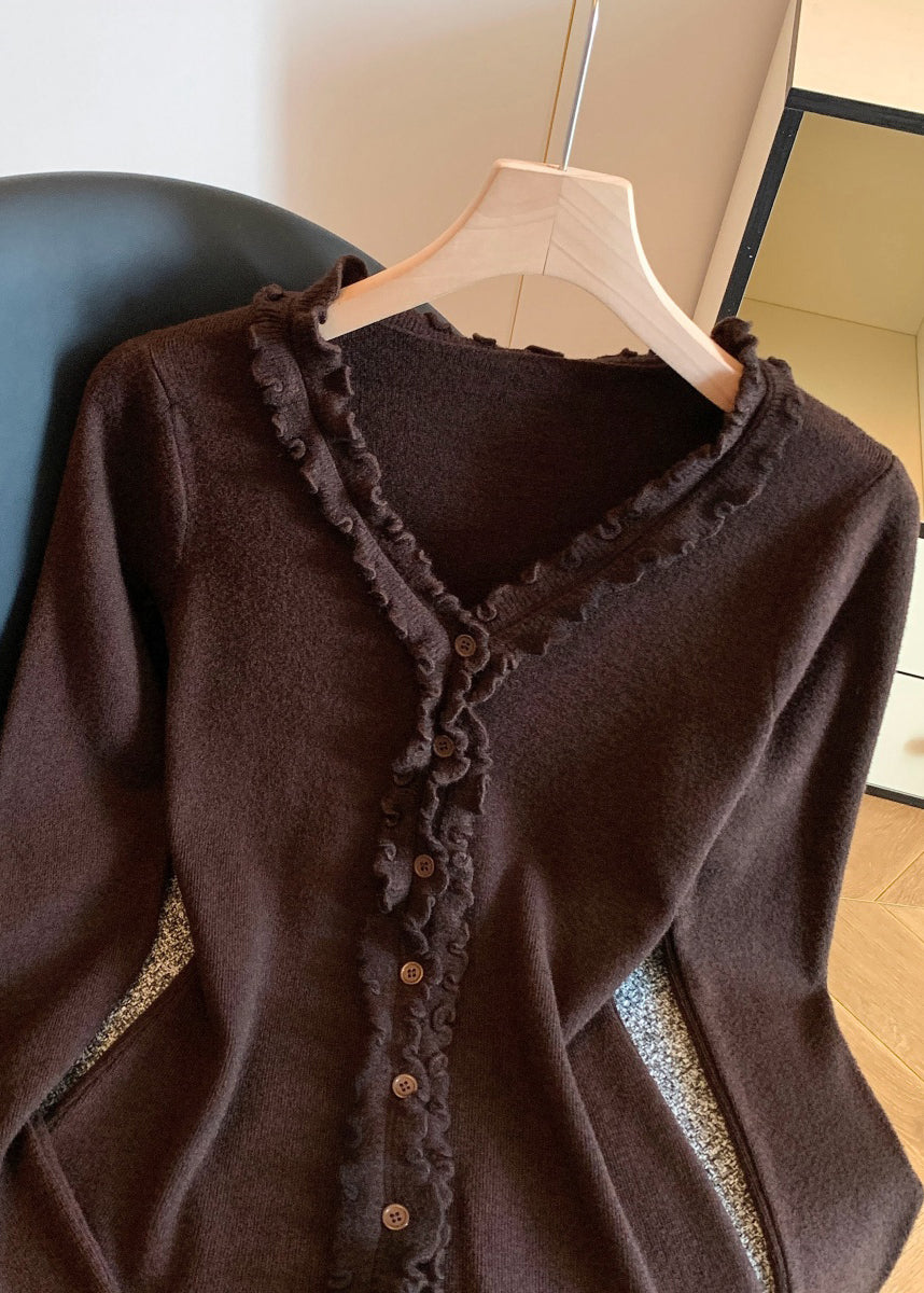 Coffee Button Knit Fall Sweater Ruffled