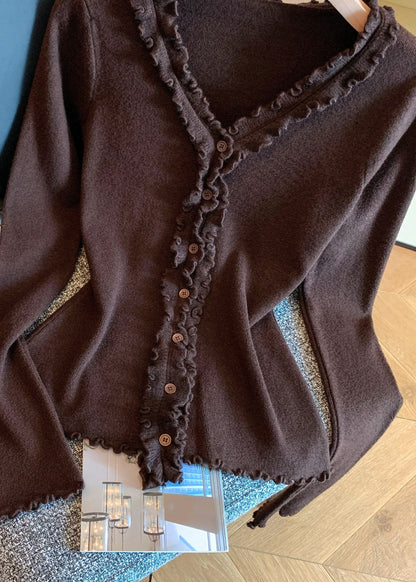 Coffee Button Knit Fall Sweater Ruffled