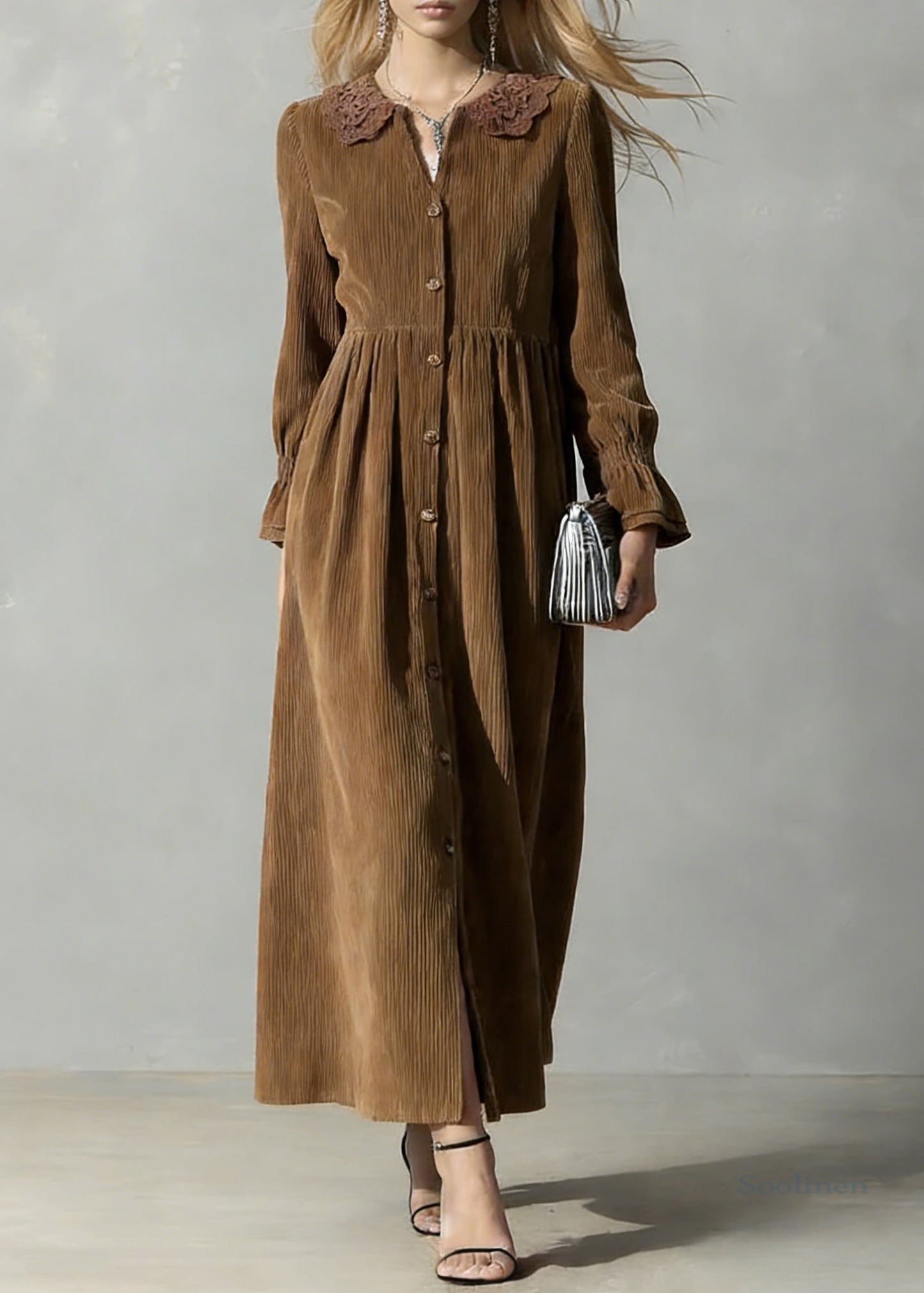 Coffee Button Oversized Corduroy Shirts Dress Peter Pan Collar