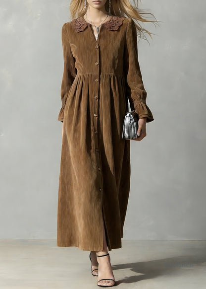 Coffee Button Oversized Corduroy Shirts Dress Peter Pan Collar