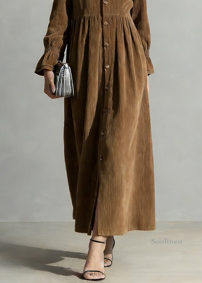 Coffee Button Oversized Corduroy Shirts Dress Peter Pan Collar