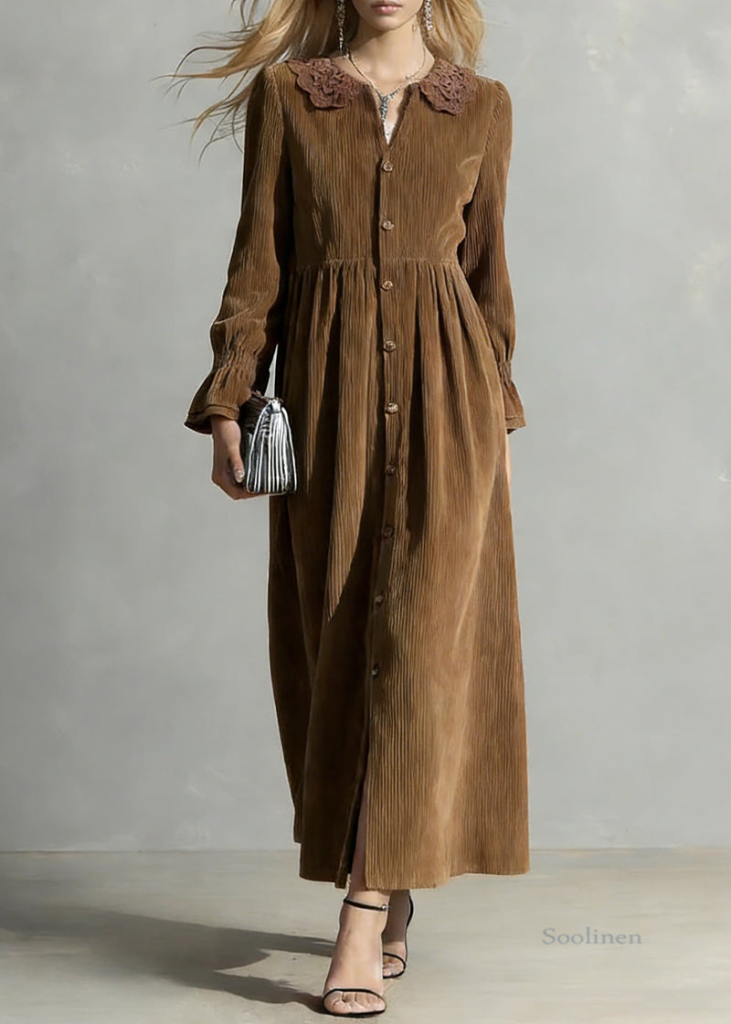 Coffee Button Oversized Corduroy Shirts Dress Peter Pan Collar