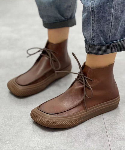 Chocolate Cowhide Leather Boots Lace Up Ankle Boots