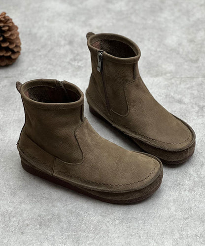 Chocolate Cowhide Leather Boots Zippered Ankle Boots