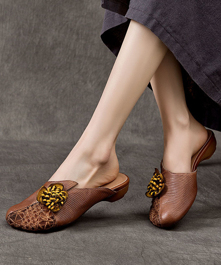 Coffee Cowhide Leather Splicing Slide Sandals