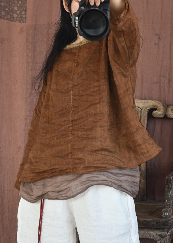 Coffee Cozy Patchwork Linen Shirts O-neck Long Sleeve