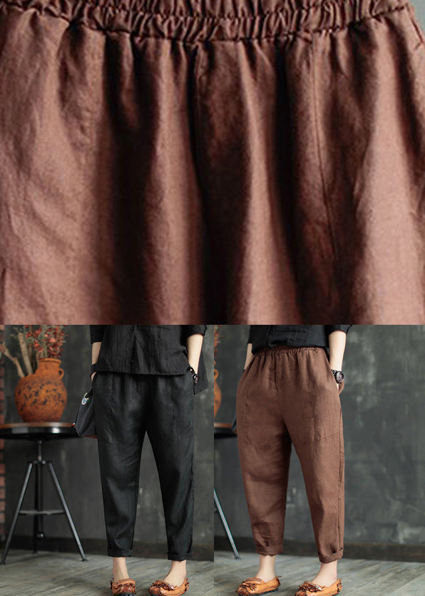 Coffee Elastic Waist Linen Crop Pants