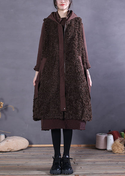 Chocolate Faux Fur Beach Vest Zip Up Sleeveless