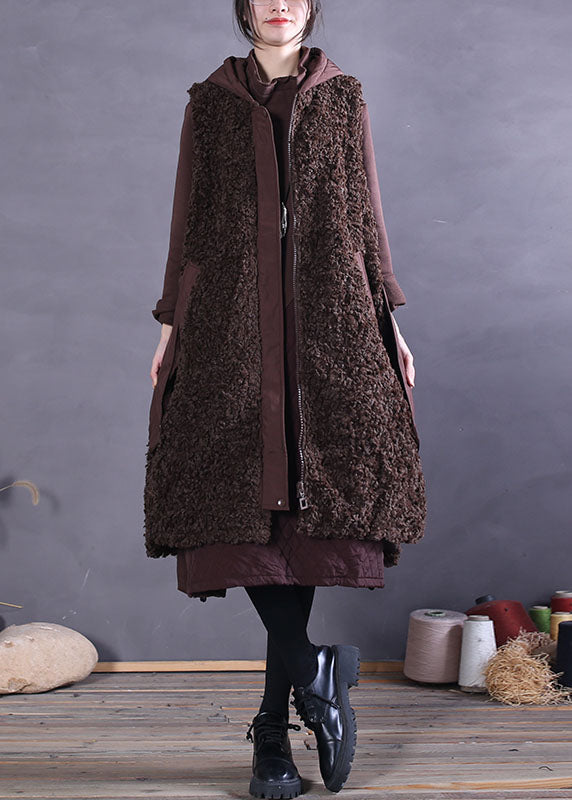 Chocolate Faux Fur Beach Vest Zip Up Sleeveless
