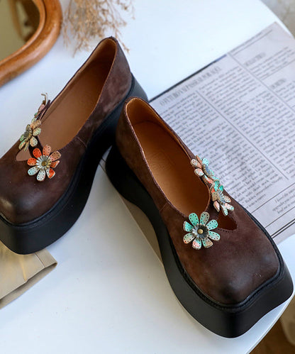 Chocolate Flat Feet Shoes Platform Cowhide Leather Unique Flat Shoes