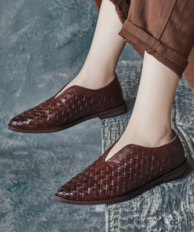 Coffee Flat Shoes for Retro Cowhide Leather Pointed Toe