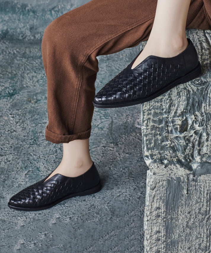 Coffee Flat Shoes for Retro Cowhide Leather Pointed Toe
