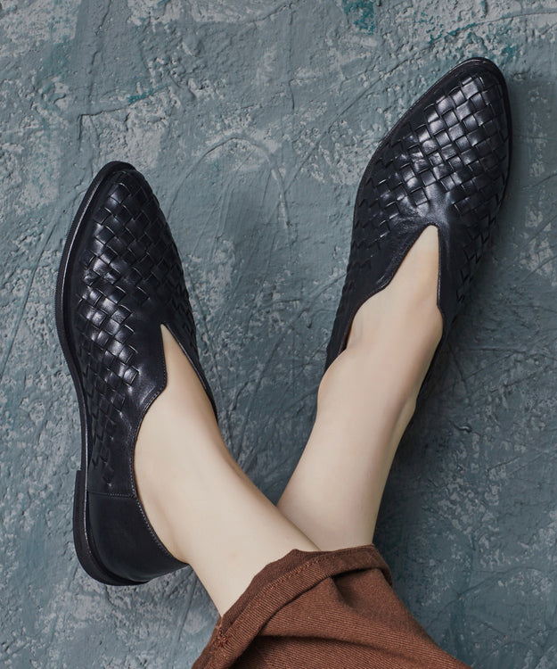 Coffee Flat Shoes for Retro Cowhide Leather Pointed Toe