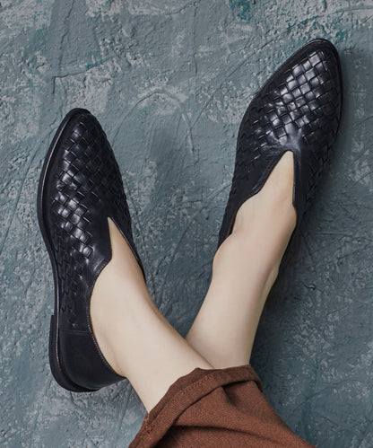 Coffee Flat Shoes for Retro Cowhide Leather Pointed Toe