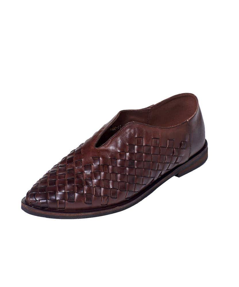 Coffee Flat Shoes for Retro Cowhide Leather Pointed Toe