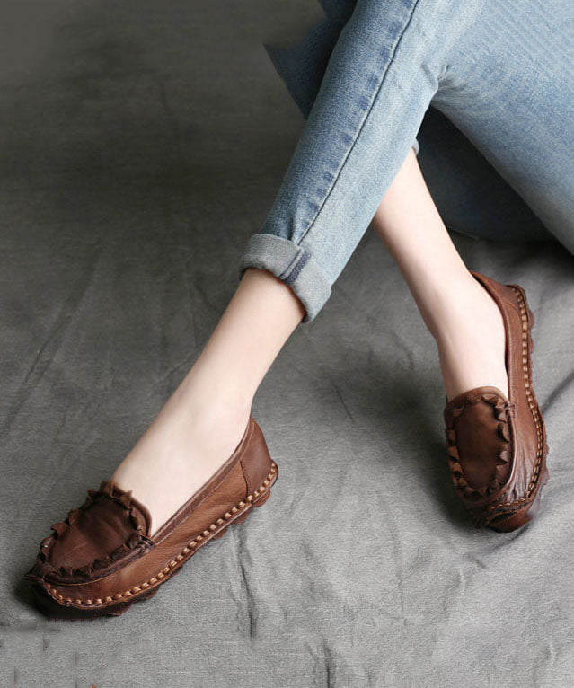 Coffee Flat Shoes for Splicing Cowhide Leather