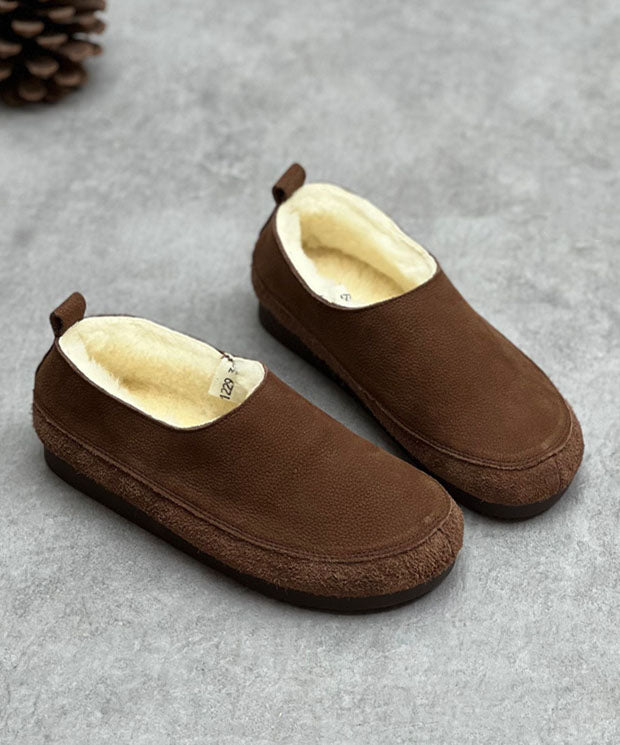 Chocolate Flats Cowhide Leather Fuzzy Wool Lined Flats
