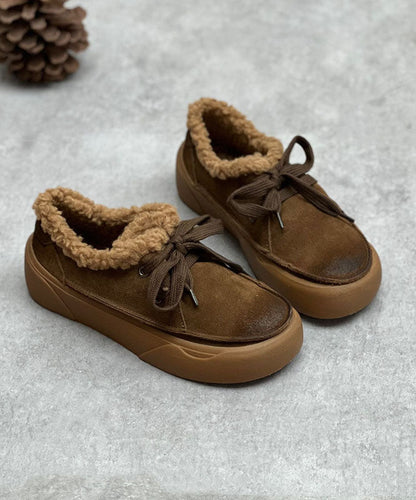 Chocolate Flats Lace Up Flat Shoes for Fuzzy Wool Lined