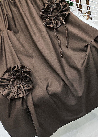 Chocolate Cotton Skirts Elastic Waist Wrinkled Spring