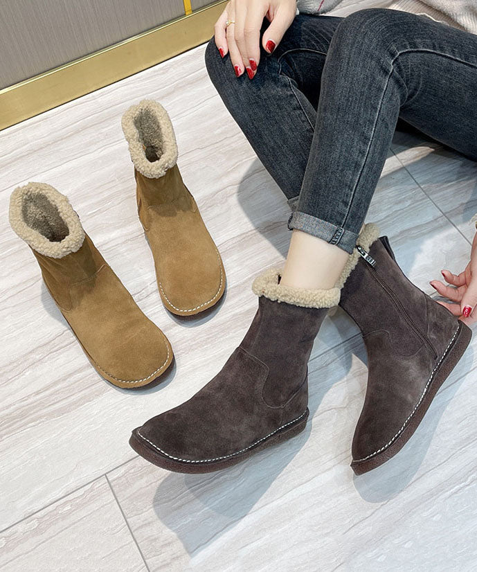 Chocolate Fuzzy Wool Lined Boots Cowhide Leather Zippered Boots