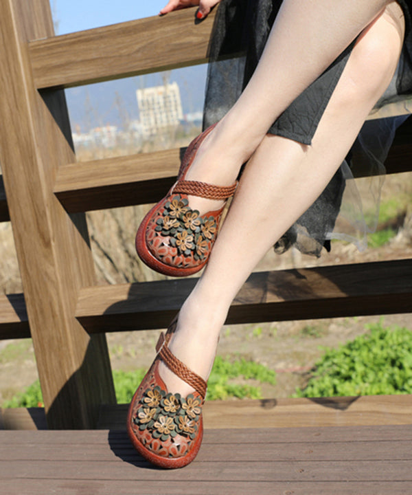Coffee High Wedge Heels Cowhide Leather Splicing Hollow Out