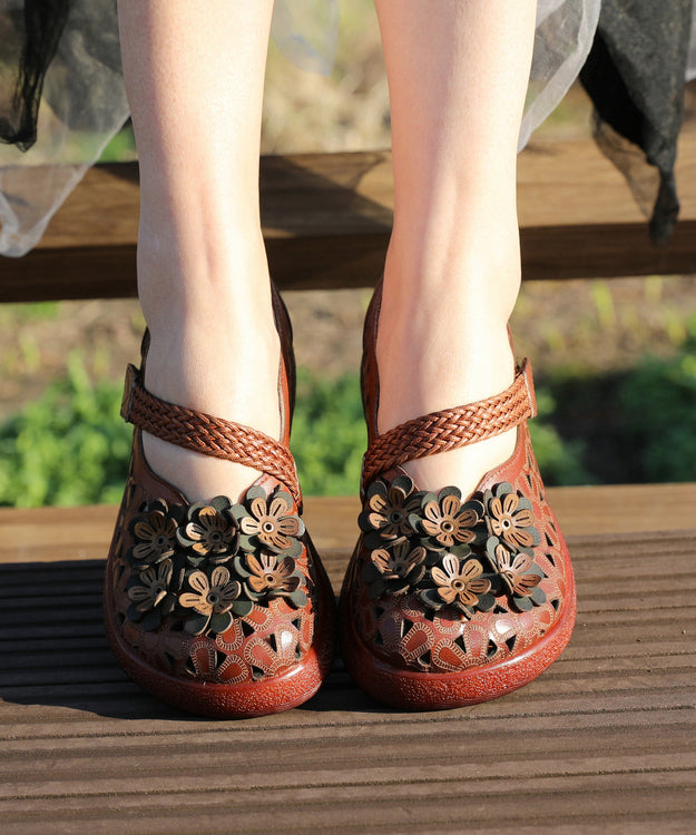 Coffee High Wedge Heels Cowhide Leather Splicing Hollow Out