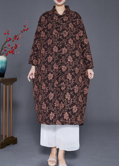 Coffee Jacquard Warm Fine Cotton Filled Witner Coats Chinese Button