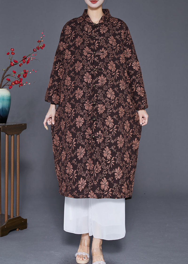 Coffee Jacquard Warm Fine Cotton Filled Witner Coats Chinese Button