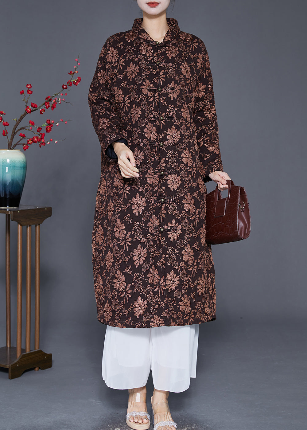 Coffee Jacquard Warm Fine Cotton Filled Witner Coats Chinese Button