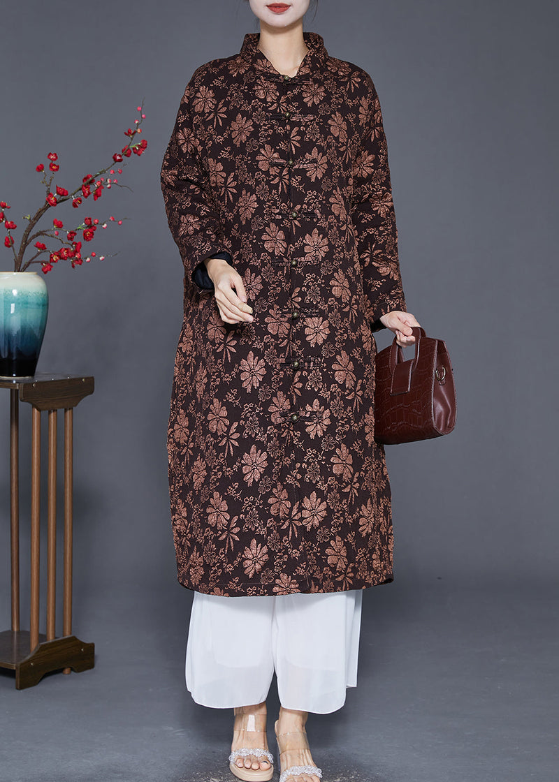 Coffee Jacquard Warm Fine Cotton Filled Witner Coats Chinese Button