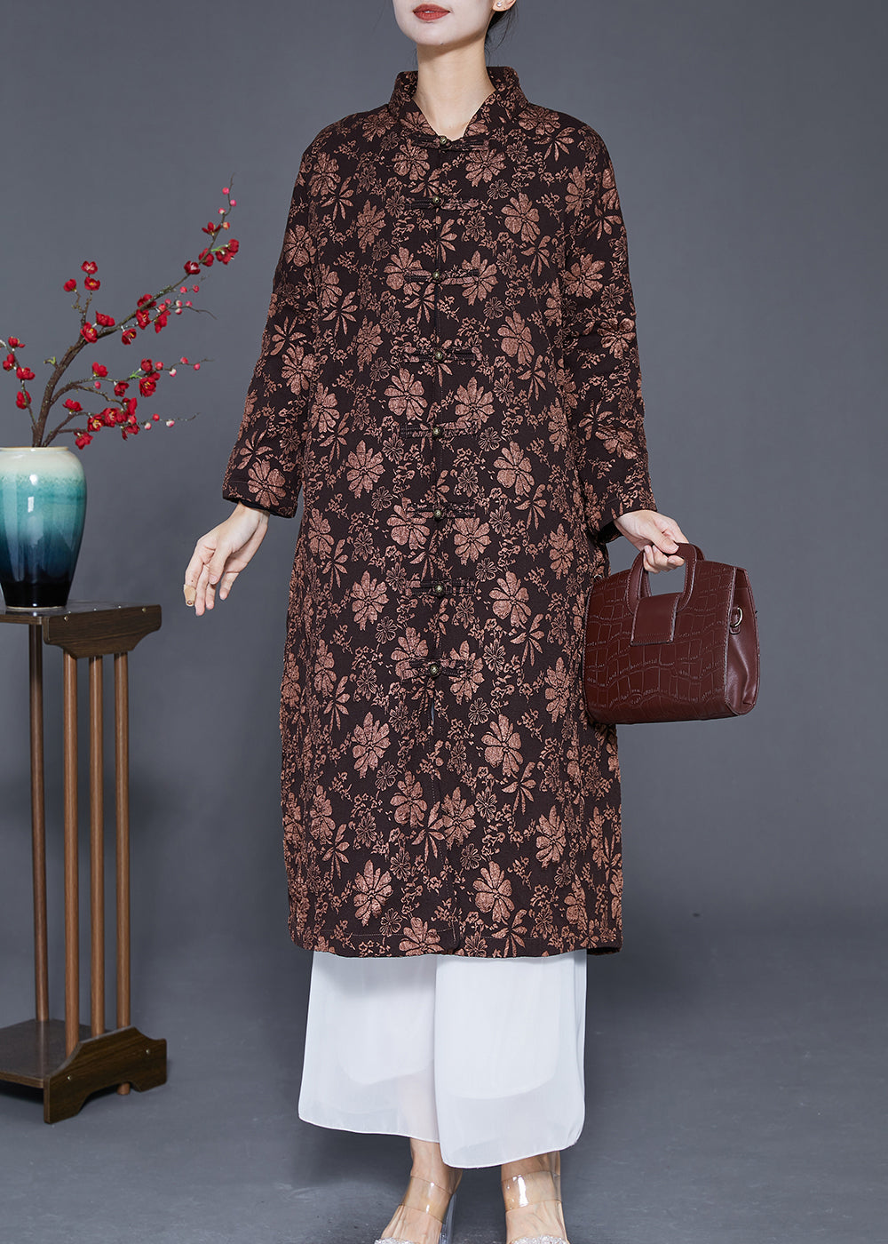 Coffee Jacquard Warm Fine Cotton Filled Witner Coats Chinese Button