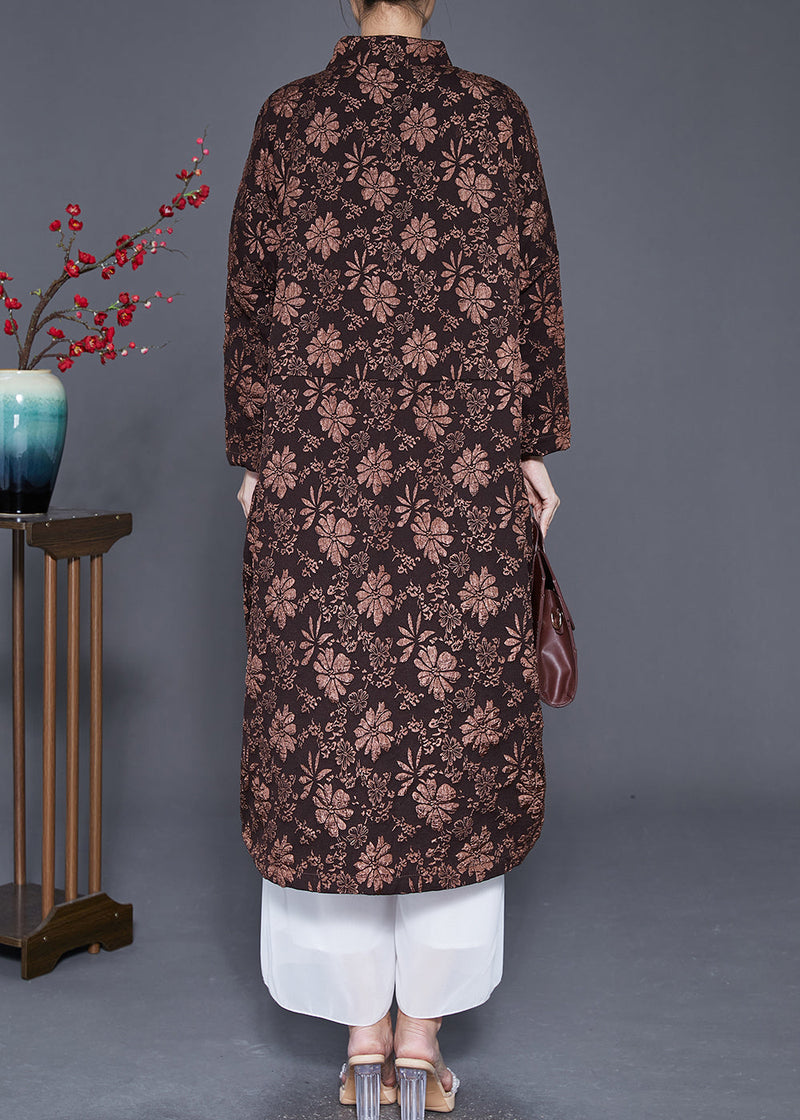Coffee Jacquard Warm Fine Cotton Filled Witner Coats Chinese Button