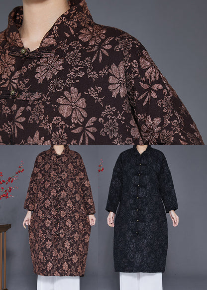 Coffee Jacquard Warm Fine Cotton Filled Witner Coats Chinese Button