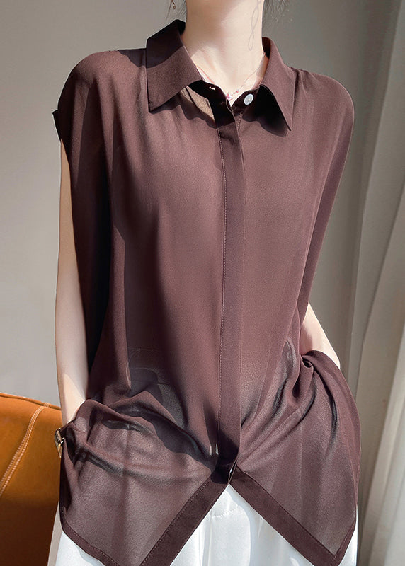 Coffee Lace Up Chiffon Blouses Peter Pan Collar
