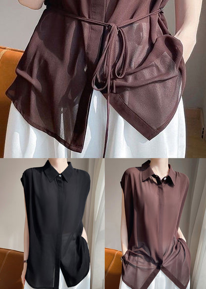 Coffee Lace Up Chiffon Blouses Peter Pan Collar
