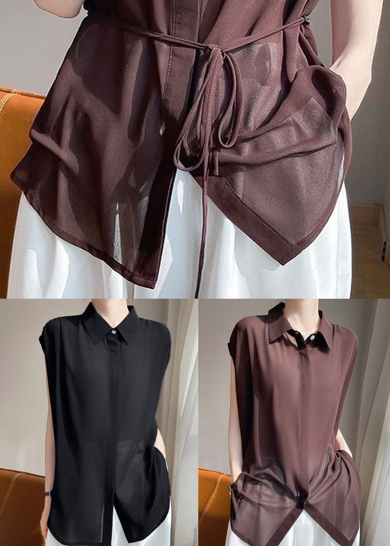 Coffee Lace Up Chiffon Blouses Peter Pan Collar