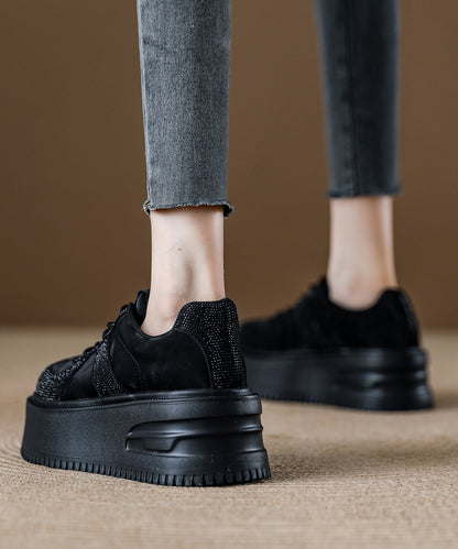 Coffee Lace Up Suede Zircon Splicing Flat Feet Shoes