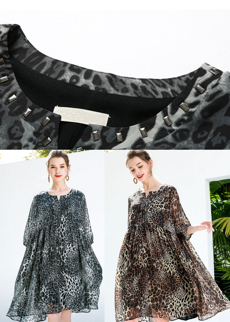 Coffee Leopard Print Chiffon Beach Dresses O-neck Rivet Summer