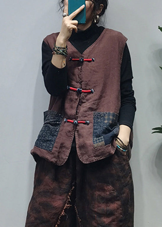 Chocolate Linen Vest Tops Patchwork Pockets Spring