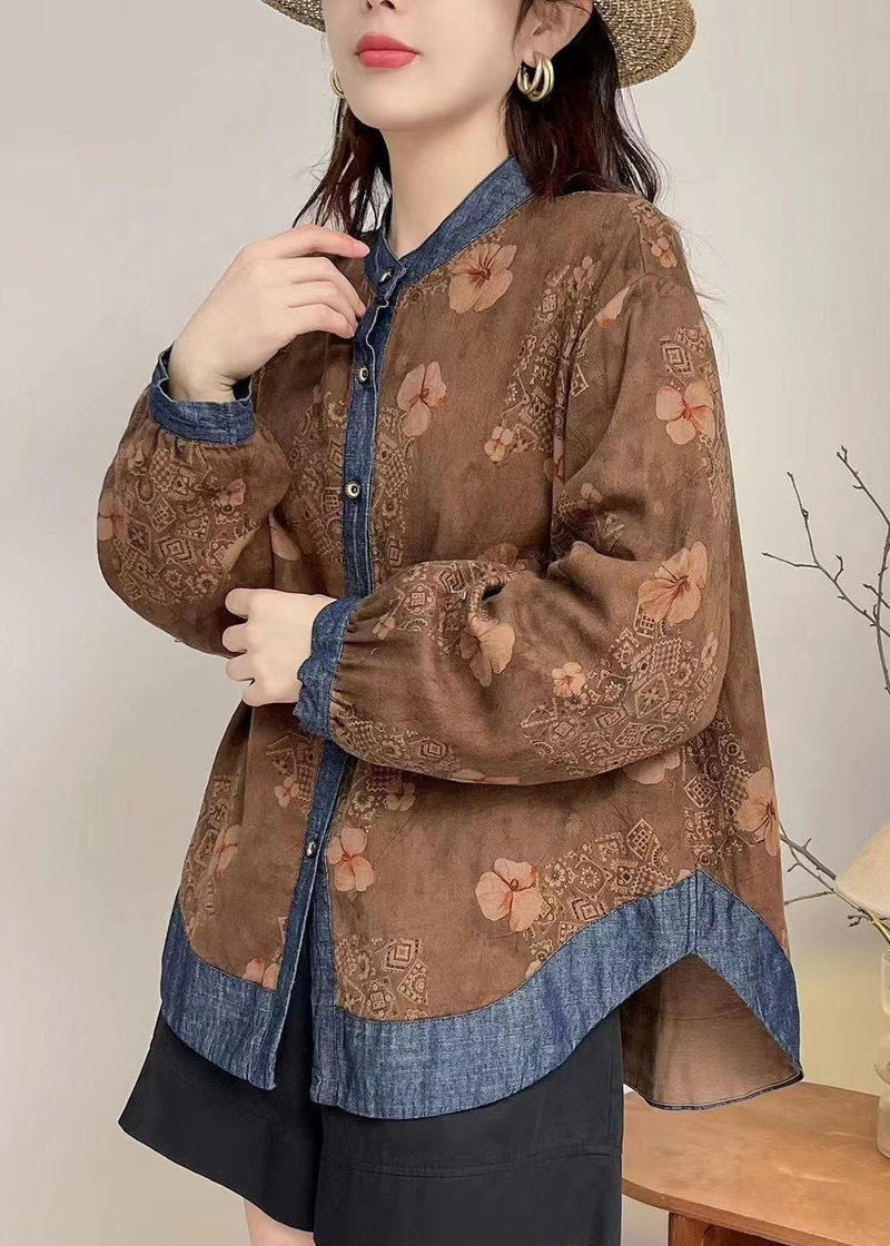 Coffee O-neck Button Tops Long Sleeve