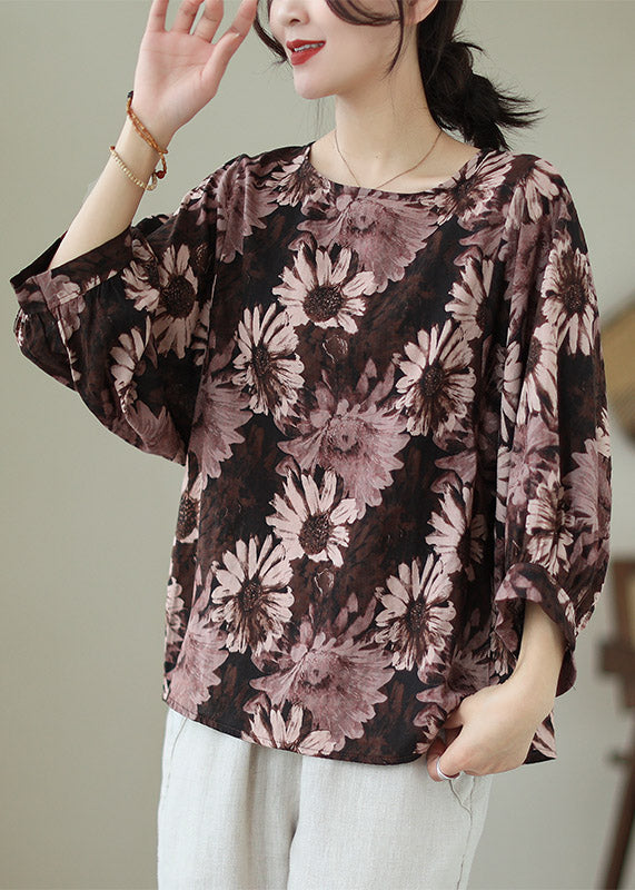 Coffee O-neck Cotton Top Long Sleeve