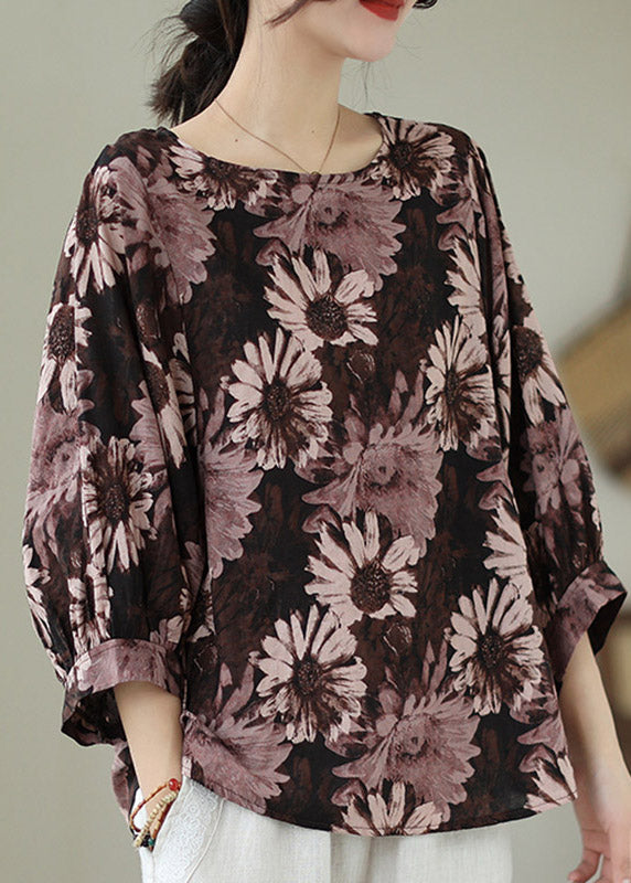 Coffee O-neck Cotton Top Long Sleeve