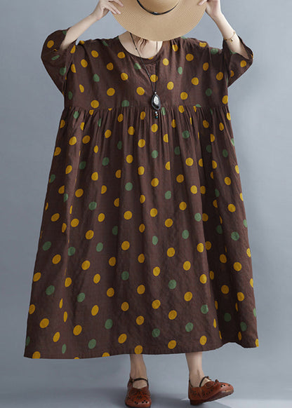 Coffee O-neck Dot Print Party Long Dress Spring