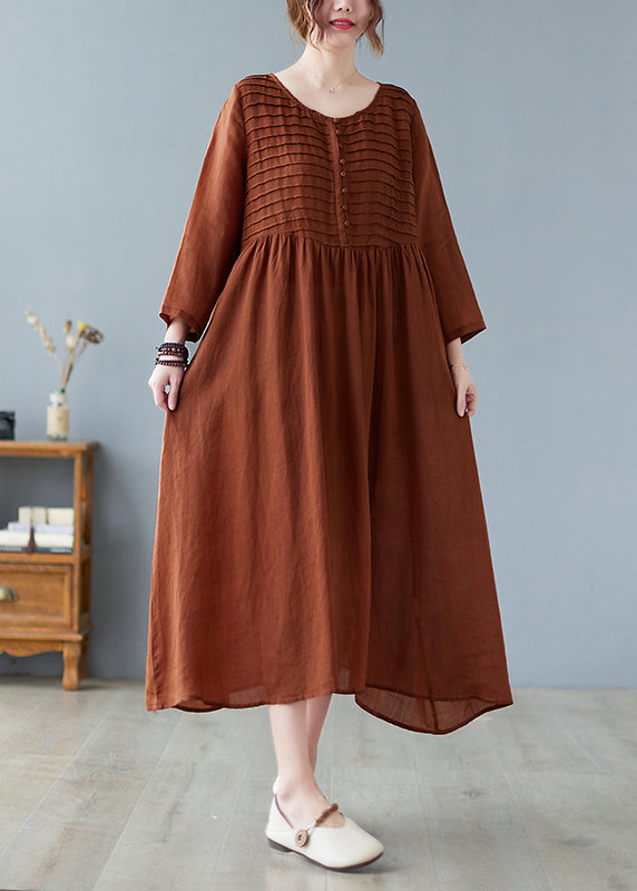 Coffee O-neck Patchwork Button Long Dress Summer